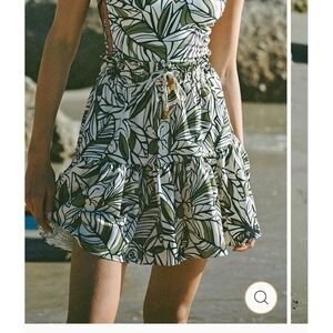 Visual Mood Aria A-Line Mini Skirt Green White Tropical Botanical Floral Large
